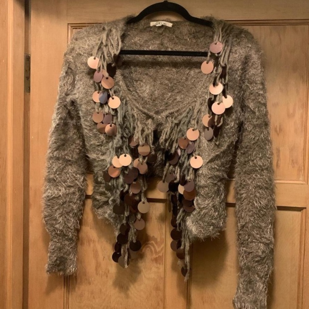 Strechy Faux Mohair sequin chunky whimsical sweater moss green - Picture 7 of 7